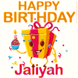 A vibrant and funny gift box character with a happy face dancing with a cupcake and the text 'Happy Birthday Jaliyah,' surrounded by animated confetti and party vibes.