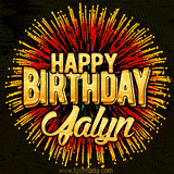 Golden 'Happy Birthday Jalyn' text accompanied by animated rainbow fireworks for a festive animated greeting.