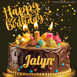 A delightful chocolate birthday cake with bright candles and 'Happy Birthday Jalyn' written in gold amidst a shower of animated stars.