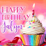 A vibrant birthday GIF featuring a rainbow-colored cupcake topped with white frosting, sprinkles, and a lit candle. The text reads 'Happy Birthday Jalyn' in bold pink and violet letters with white outline.