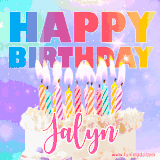 A vibrant animated name GIF with the words 'Happy Birthday Jalyn' with colorful candles on a creamy cake. The background sparkles with pastel shades, adding a festive touch.