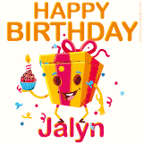 A vibrant and funny gift box character with a happy face dancing with a cupcake and the text 'Happy Birthday Jalyn,' surrounded by animated confetti and party vibes.