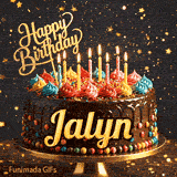 Jalyn's personalized birthday ecard showing a rich chocolate cake decorated with multicolored swirls under sparkling gold stars.