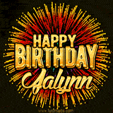 Golden 'Happy Birthday Jalynn' text accompanied by animated rainbow fireworks for a festive animated greeting.