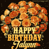 Animated bouquet of orange roses with moving butterfles and golden 'Happy Birthday Jalynn' text, surrounded by sparkling accents and a dark backdrop for a luxurious feel.