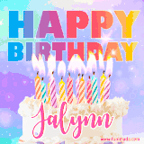 A vibrant animated name GIF with the words 'Happy Birthday Jalynn' with colorful candles on a creamy cake. The background sparkles with pastel shades, adding a festive touch.