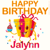 A vibrant and funny gift box character with a happy face dancing with a cupcake and the text 'Happy Birthday Jalynn,' surrounded by animated confetti and party vibes.