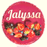 Beautifully decorated red velvet berry birthday cake with vibrant fruits and a glowing 'Jalyssa' name, adding a touch of sweetness and sparkle.