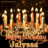 A glowing personalized birthday GIF with name Jalyssa featuring lit candles with intricate designs, warm lighting, and the text 'Happy Birthday' in an elegant font.