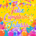 A bright and festive GIF with the text 'Feliz Cumpleaños Jalyssa' in Spanish in colorful fonts, surrounded by confetti, balloons, and festive banners on a vibrant yellow background.