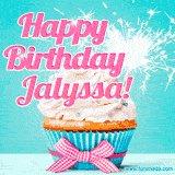 A festive cupcake with pink icing, a gingham bow, and a lit animated sparkler, paired with 'Happy Birthday Jalyssa!' in bright pink text.