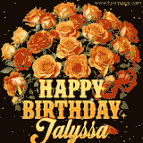 Animated bouquet of orange roses with moving butterfles and golden 'Happy Birthday Jalyssa' text, surrounded by sparkling accents and a dark backdrop for a luxurious feel.