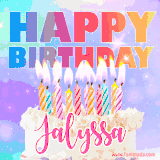 A vibrant animated name GIF with the words 'Happy Birthday Jalyssa' with colorful candles on a creamy cake. The background sparkles with pastel shades, adding a festive touch.