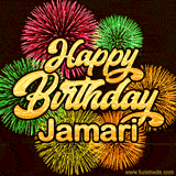 Golden text reading 'Happy Birthday Jamari' surrounded by vibrant fireworks in red, green, and yellow, set against a dark background in this celebratory birthday GIF.