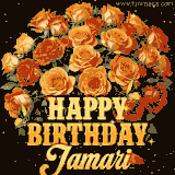 Animated bouquet of orange roses with moving butterfles and golden 'Happy Birthday Jamari' text, surrounded by sparkling accents and a dark backdrop for a luxurious feel.