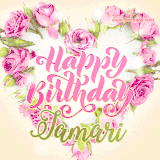A stunning heart made of pink roses surrounds the elegant script text 'Happy Birthday Jamari' on a soft beige background. Animated sparkles add a magical and festive feel.