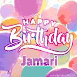A vibrant name GIF featuring colorful balloons in shades of pink, orange, and yellow with the bold text 'Happy Birthday Jamari' in festive fonts, creating a lively birthday vibe.