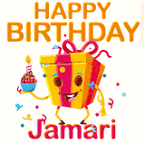 A vibrant and funny gift box character with a happy face dancing with a cupcake and the text 'Happy Birthday Jamari,' surrounded by animated confetti and party vibes.
