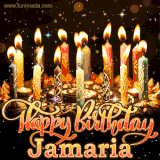 A glowing personalized birthday GIF with name Jamaria featuring lit candles with intricate designs, warm lighting, and the text 'Happy Birthday' in an elegant font.