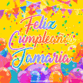 A bright and festive GIF with the text 'Feliz Cumpleaños Jamaria' in Spanish in colorful fonts, surrounded by confetti, balloons, and festive banners on a vibrant yellow background.