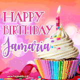 A vibrant birthday GIF featuring a rainbow-colored cupcake topped with white frosting, sprinkles, and a lit candle. The text reads 'Happy Birthday Jamaria' in bold pink and violet letters with white outline.