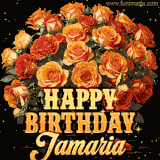 Animated bouquet of orange roses with moving butterfles and golden 'Happy Birthday Jamaria' text, surrounded by sparkling accents and a dark backdrop for a luxurious feel.