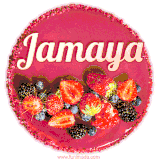 Beautifully decorated red velvet berry birthday cake with vibrant fruits and a glowing 'Jamaya' name, adding a touch of sweetness and sparkle.