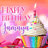 A vibrant birthday GIF featuring a rainbow-colored cupcake topped with white frosting, sprinkles, and a lit candle. The text reads 'Happy Birthday Jamaya' in bold pink and violet letters with white outline.