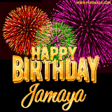 A golden 'Happy Birthday Jamaya' message with vibrant fireworks in the background, creating a festive and celebratory vibe in this animated name GIF.