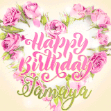 A stunning heart made of pink roses surrounds the elegant script text 'Happy Birthday Jamaya' on a soft beige background. Animated sparkles add a magical and festive feel.