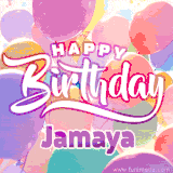 A vibrant name GIF featuring colorful balloons in shades of pink, orange, and yellow with the bold text 'Happy Birthday Jamaya' in festive fonts, creating a lively birthday vibe.