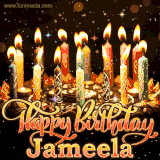 A glowing personalized birthday GIF with name Jameela featuring lit candles with intricate designs, warm lighting, and the text 'Happy Birthday' in an elegant font.
