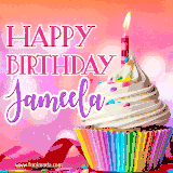 A vibrant birthday GIF featuring a rainbow-colored cupcake topped with white frosting, sprinkles, and a lit candle. The text reads 'Happy Birthday Jameela' in bold pink and violet letters with white outline.