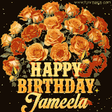Animated bouquet of orange roses with moving butterfles and golden 'Happy Birthday Jameela' text, surrounded by sparkling accents and a dark backdrop for a luxurious feel.