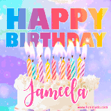 A vibrant animated name GIF with the words 'Happy Birthday Jameela' with colorful candles on a creamy cake. The background sparkles with pastel shades, adding a festive touch.
