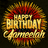 Golden 'Happy Birthday Jameelah' text accompanied by animated rainbow fireworks for a festive animated greeting.