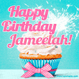 A festive cupcake with pink icing, a gingham bow, and a lit animated sparkler, paired with 'Happy Birthday Jameelah!' in bright pink text.