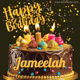 A delightful chocolate birthday cake with bright candles and 'Happy Birthday Jameelah' written in gold amidst a shower of animated stars.