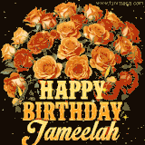Animated bouquet of orange roses with moving butterfles and golden 'Happy Birthday Jameelah' text, surrounded by sparkling accents and a dark backdrop for a luxurious feel.