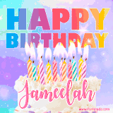 A vibrant animated name GIF with the words 'Happy Birthday Jameelah' with colorful candles on a creamy cake. The background sparkles with pastel shades, adding a festive touch.