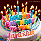 A colorful birthday cake topped with lit candles, with the words 'Happy Birthday Jameelah' in bold glowing letters on a burgundy background. Animated flames add a festive touch.