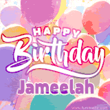 A vibrant name GIF featuring colorful balloons in shades of pink, orange, and yellow with the bold text 'Happy Birthday Jameelah' in festive fonts, creating a lively birthday vibe.