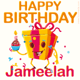 A vibrant and funny gift box character with a happy face dancing with a cupcake and the text 'Happy Birthday Jameelah,' surrounded by animated confetti and party vibes.