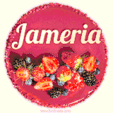 Beautifully decorated red velvet berry birthday cake with vibrant fruits and a glowing 'Jameria' name, adding a touch of sweetness and sparkle.