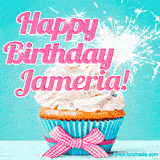 A festive cupcake with pink icing, a gingham bow, and a lit animated sparkler, paired with 'Happy Birthday Jameria!' in bright pink text.
