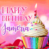A vibrant birthday GIF featuring a rainbow-colored cupcake topped with white frosting, sprinkles, and a lit candle. The text reads 'Happy Birthday Jameria' in bold pink and violet letters with white outline.