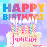 A vibrant animated name GIF with the words 'Happy Birthday Jameria' with colorful candles on a creamy cake. The background sparkles with pastel shades, adding a festive touch.