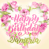 A stunning heart made of pink roses surrounds the elegant script text 'Happy Birthday Jameria' on a soft beige background. Animated sparkles add a magical and festive feel.