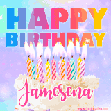 A vibrant animated name GIF with the words 'Happy Birthday Jamesena' with colorful candles on a creamy cake. The background sparkles with pastel shades, adding a festive touch.