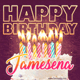 A colorful birthday cake topped with lit candles, with the words 'Happy Birthday Jamesena' in bold glowing letters on a burgundy background. Animated flames add a festive touch.